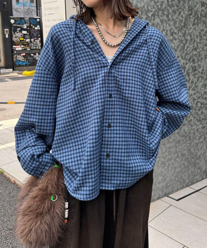 連帽拼色格子襯衫 / 衛衣