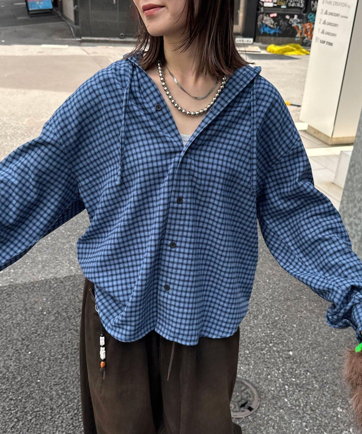 連帽拼色格子襯衫 / 衛衣