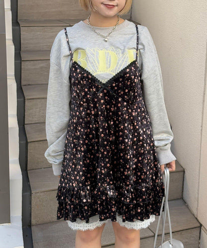 拼色圖案天鵝絨吊帶背心連衣裙〈波點／花卉〉