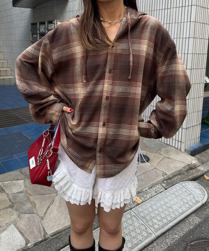 連帽拼色格子襯衫 / 衛衣