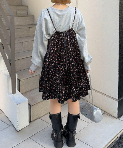 拼色圖案天鵝絨吊帶背心連衣裙〈波點／花卉〉
