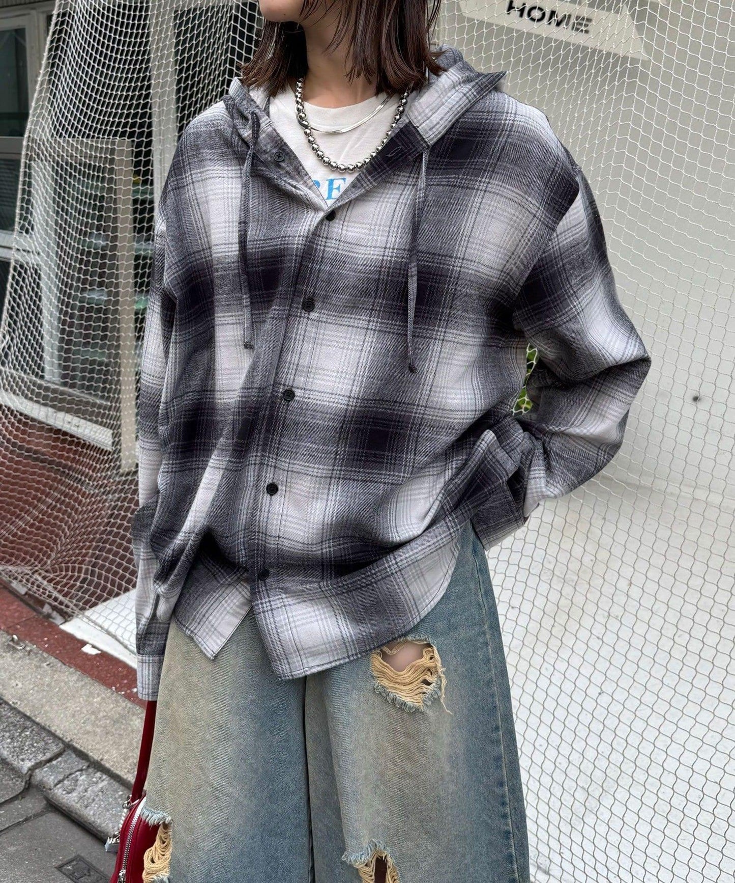 連帽拼色格子襯衫 / 衛衣