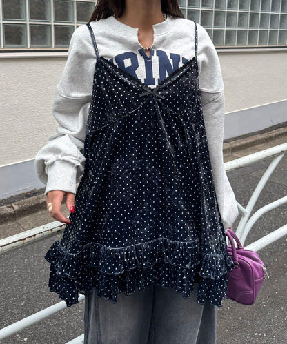 拼色圖案天鵝絨吊帶背心連衣裙〈波點／花卉〉