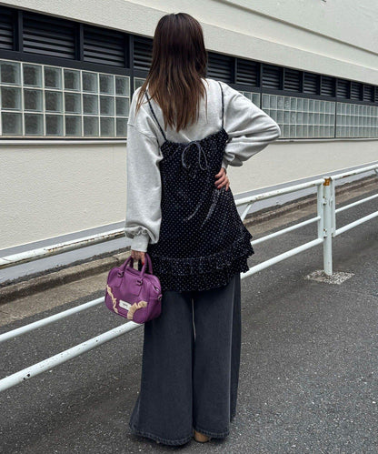 拼色圖案天鵝絨吊帶背心連衣裙〈波點／花卉〉