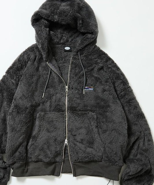 寬鬆版型 單點裝飾 長絨絨面拉鍊連帽衫