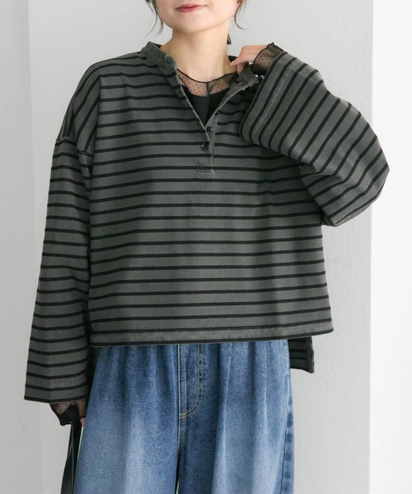 水洗條紋亨利領長袖T恤