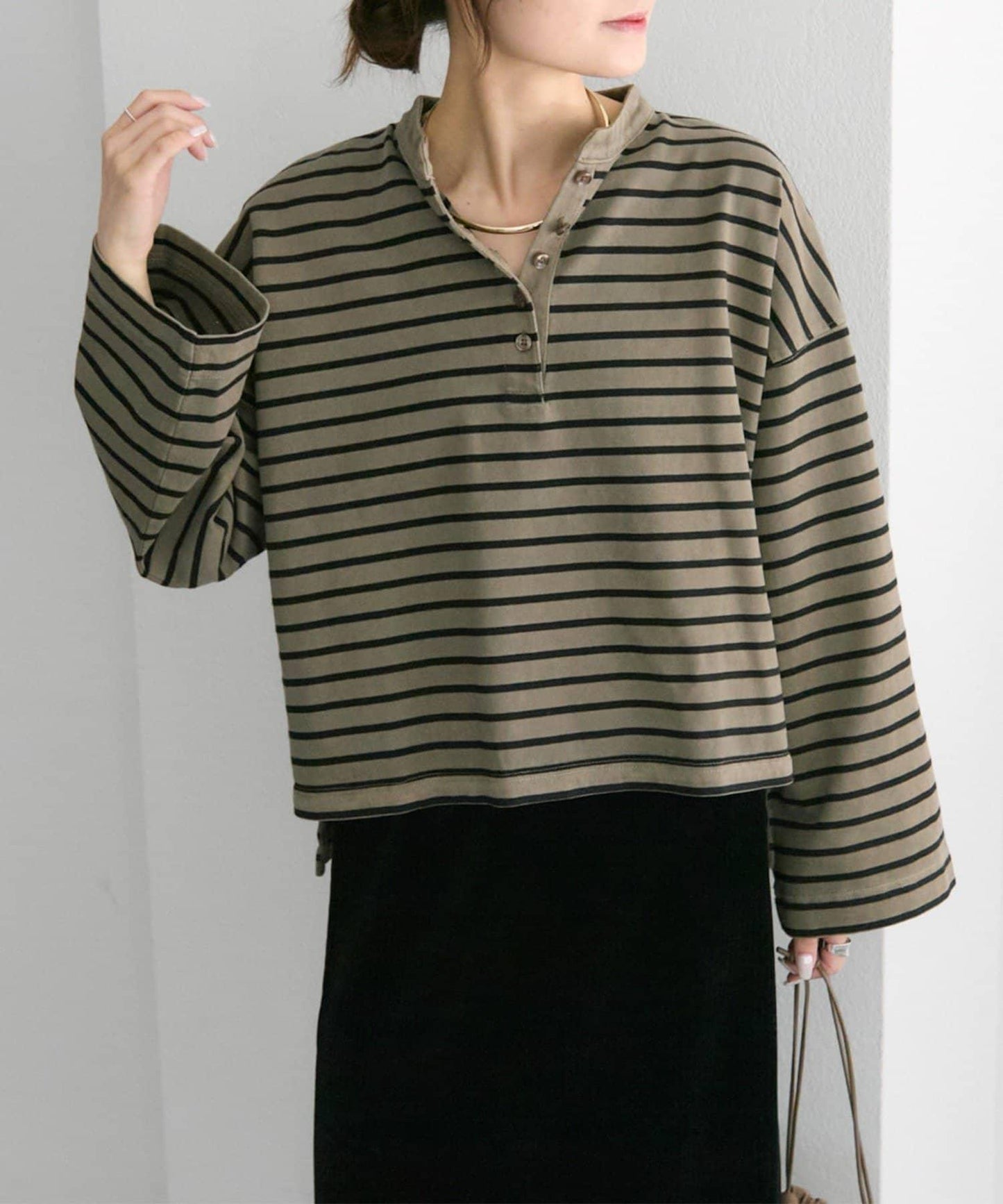 水洗條紋亨利領長袖T恤