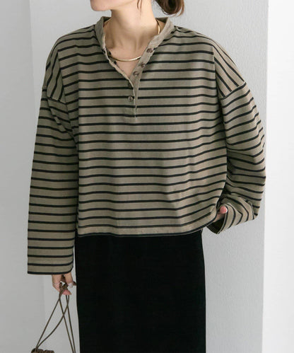 水洗條紋亨利領長袖T恤