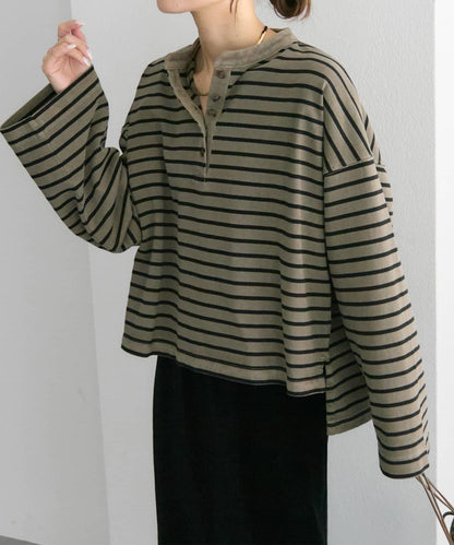 水洗條紋亨利領長袖T恤