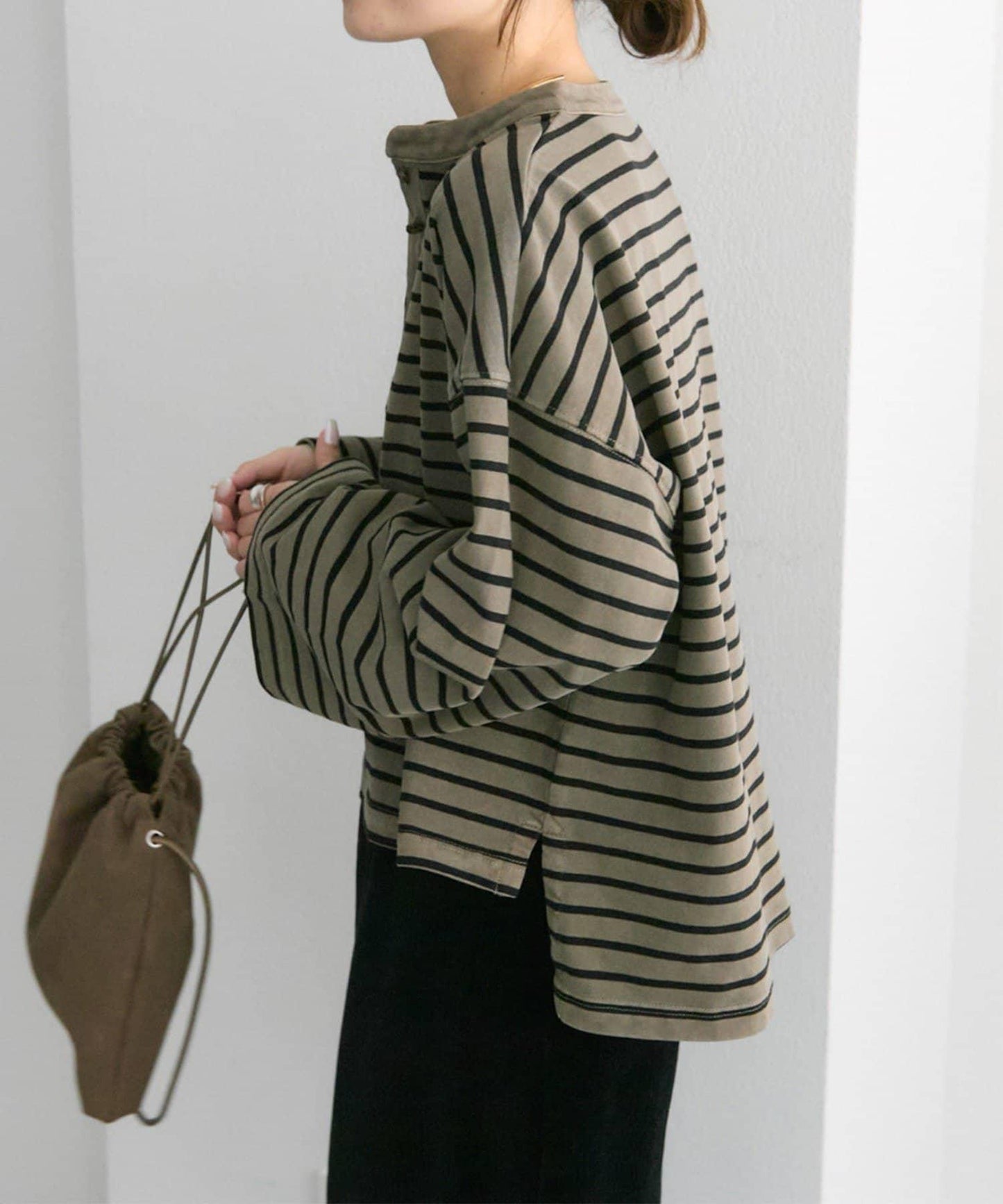 水洗條紋亨利領長袖T恤