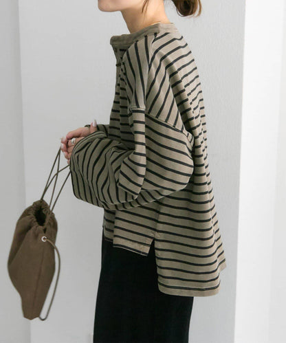 水洗條紋亨利領長袖T恤