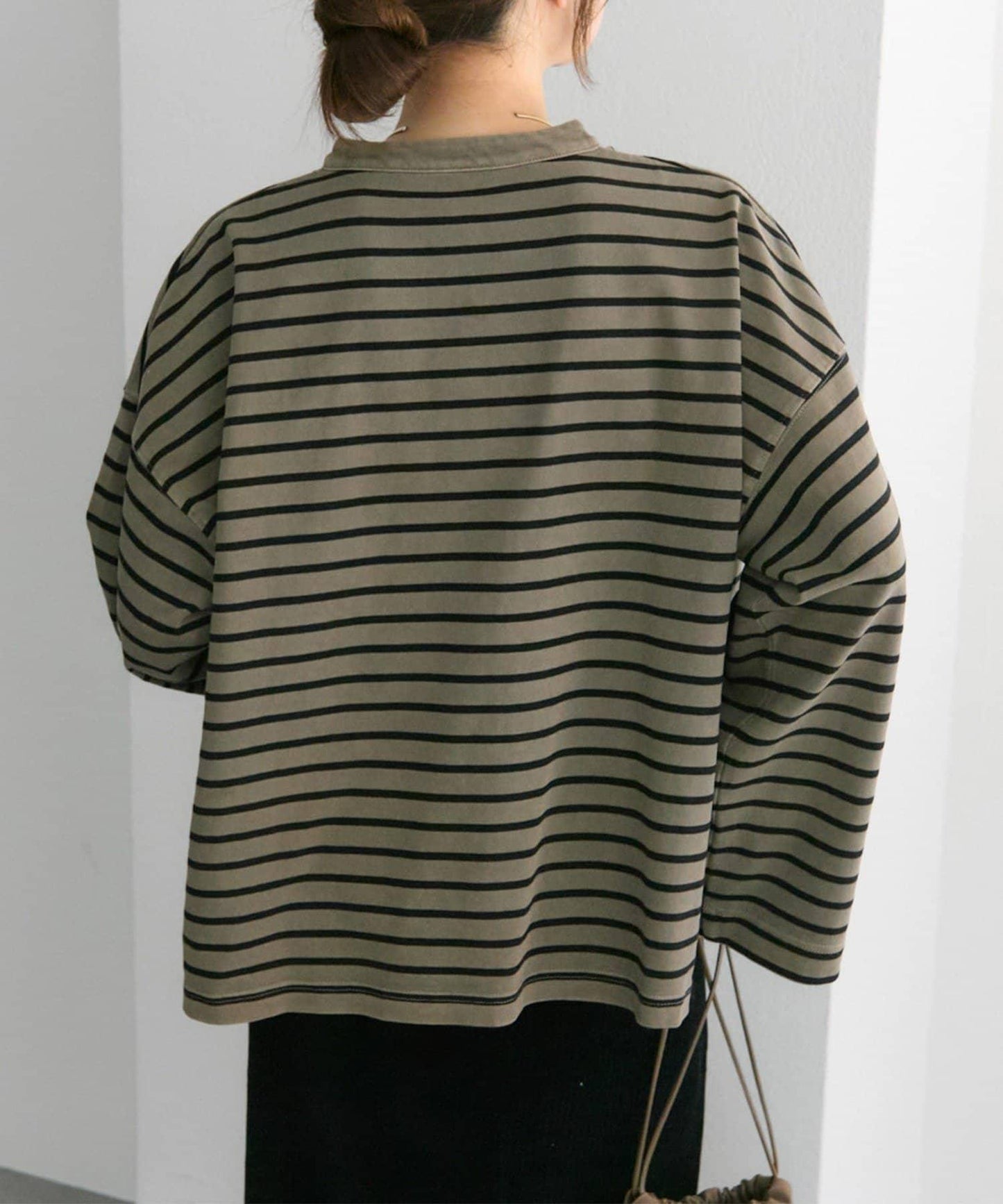 水洗條紋亨利領長袖T恤