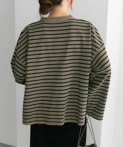 水洗條紋亨利領長袖T恤