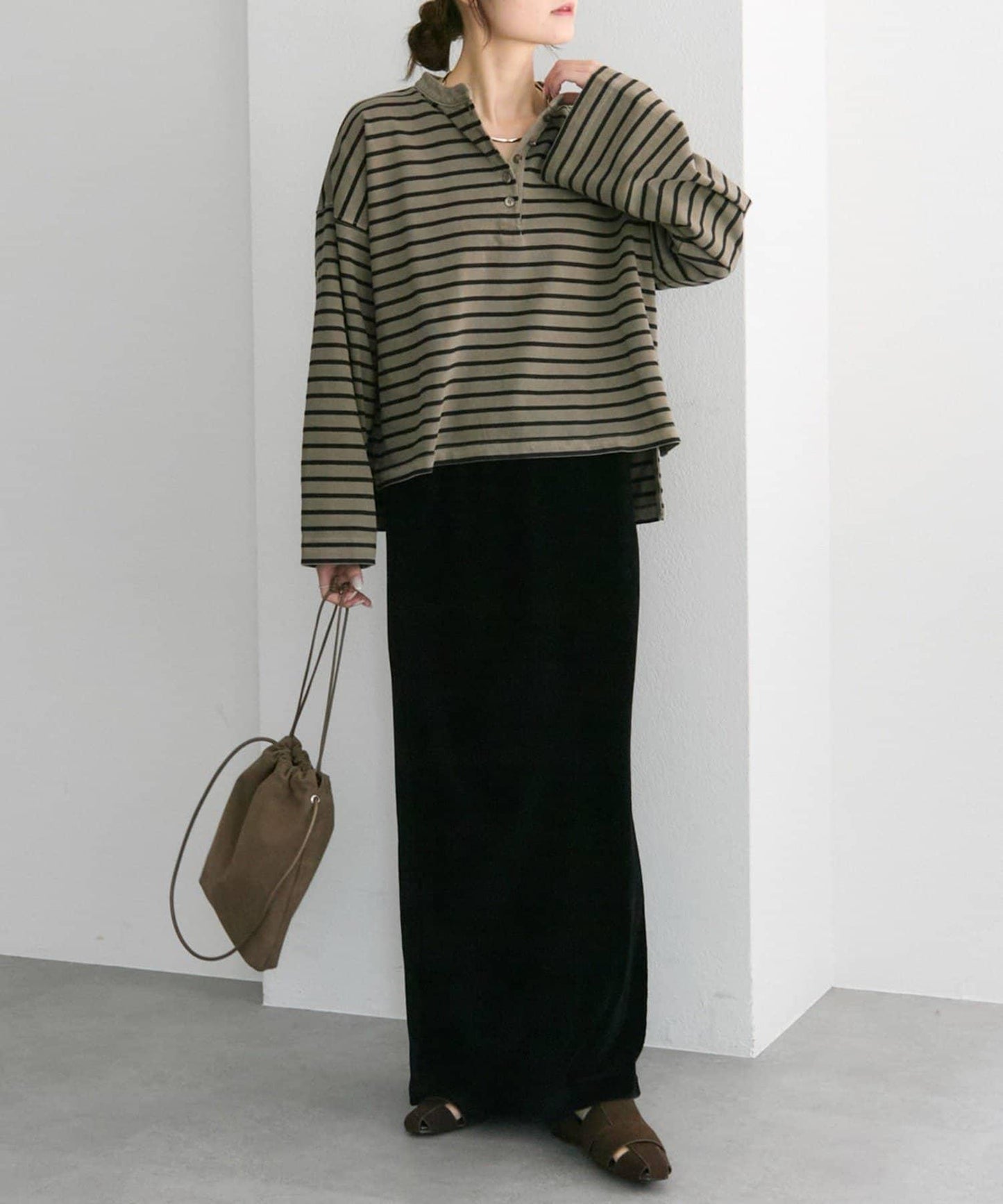 水洗條紋亨利領長袖T恤