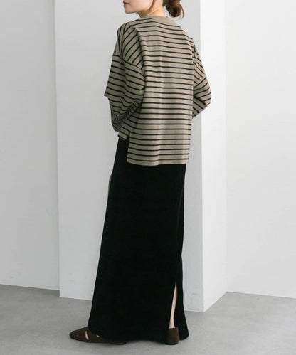 水洗條紋亨利領長袖T恤