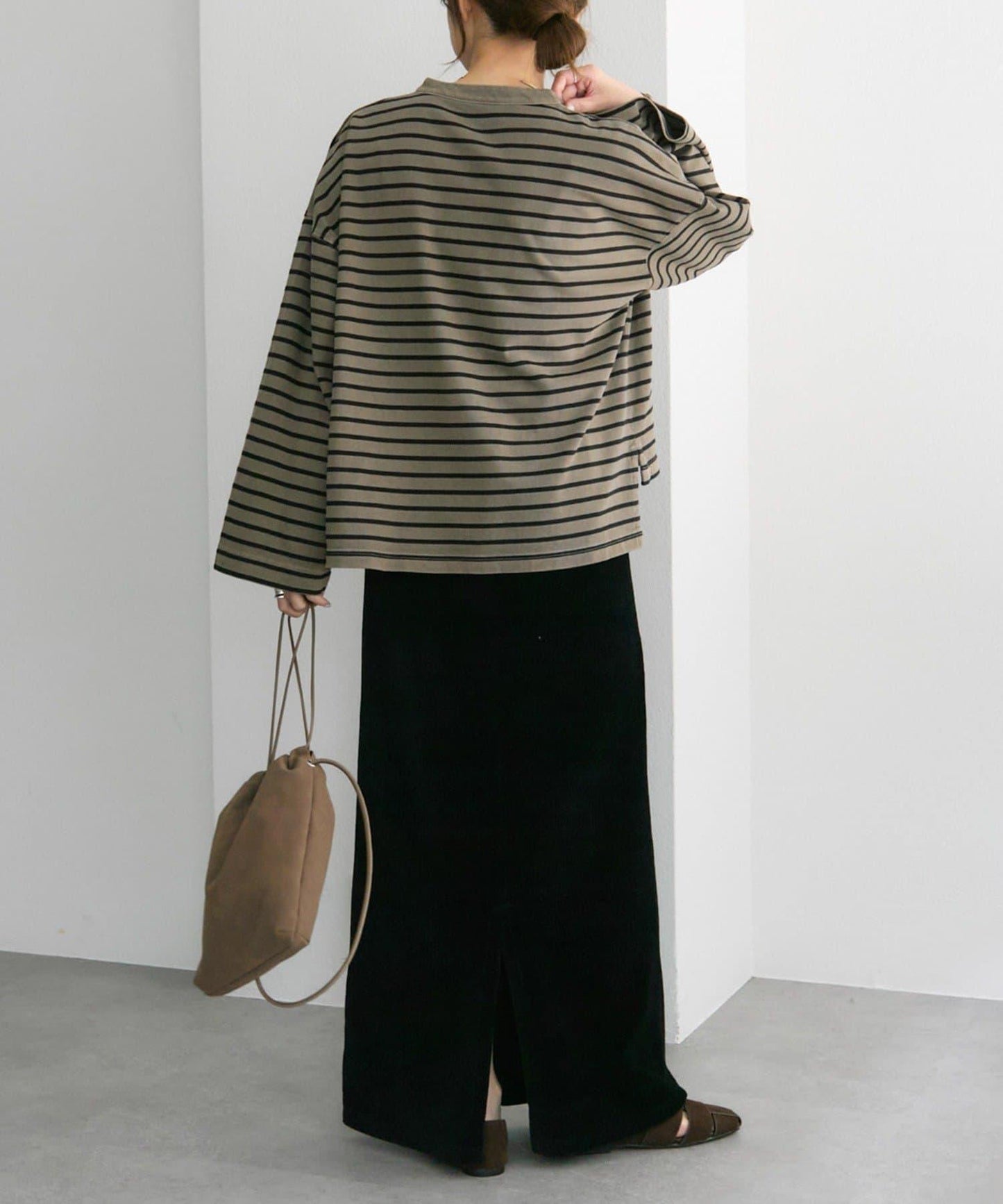 水洗條紋亨利領長袖T恤