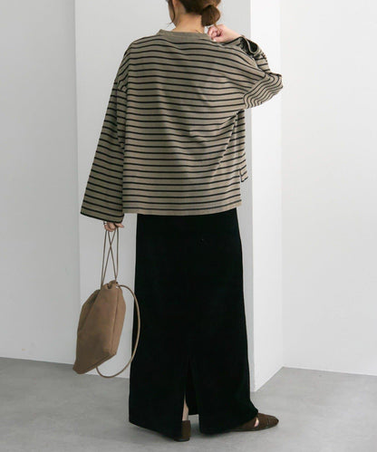 水洗條紋亨利領長袖T恤