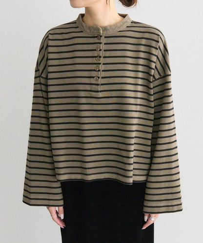 水洗條紋亨利領長袖T恤