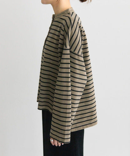 水洗條紋亨利領長袖T恤