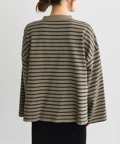 水洗條紋亨利領長袖T恤