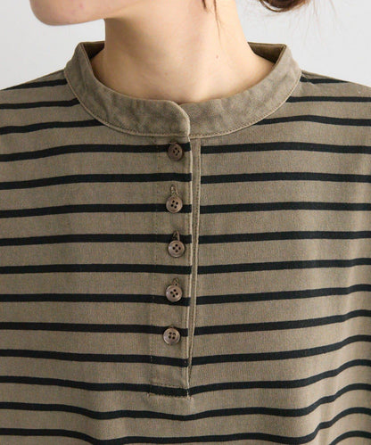 水洗條紋亨利領長袖T恤