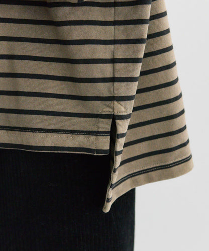 水洗條紋亨利領長袖T恤