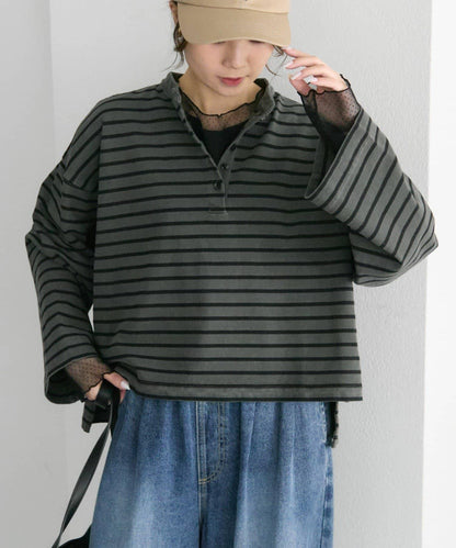 水洗條紋亨利領長袖T恤