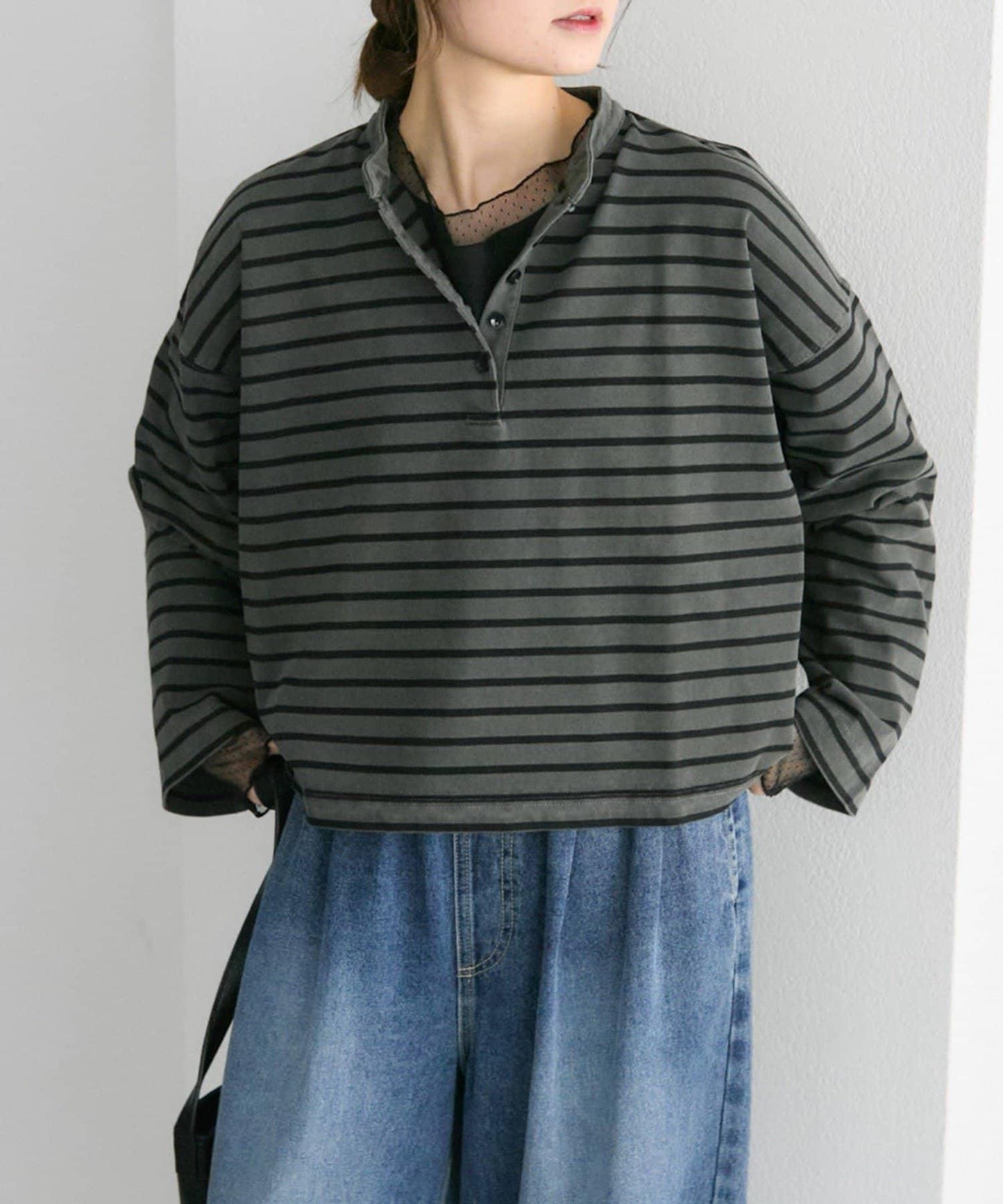 水洗條紋亨利領長袖T恤