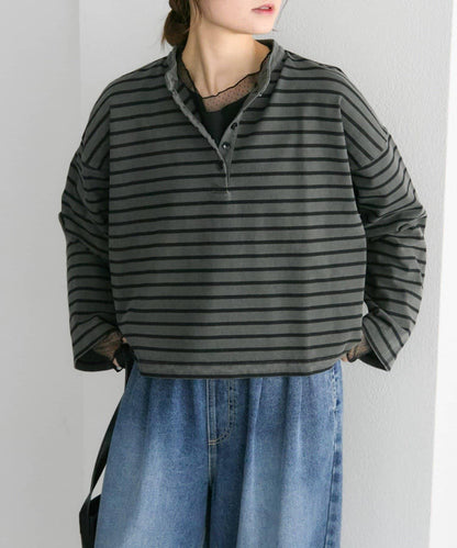 水洗條紋亨利領長袖T恤