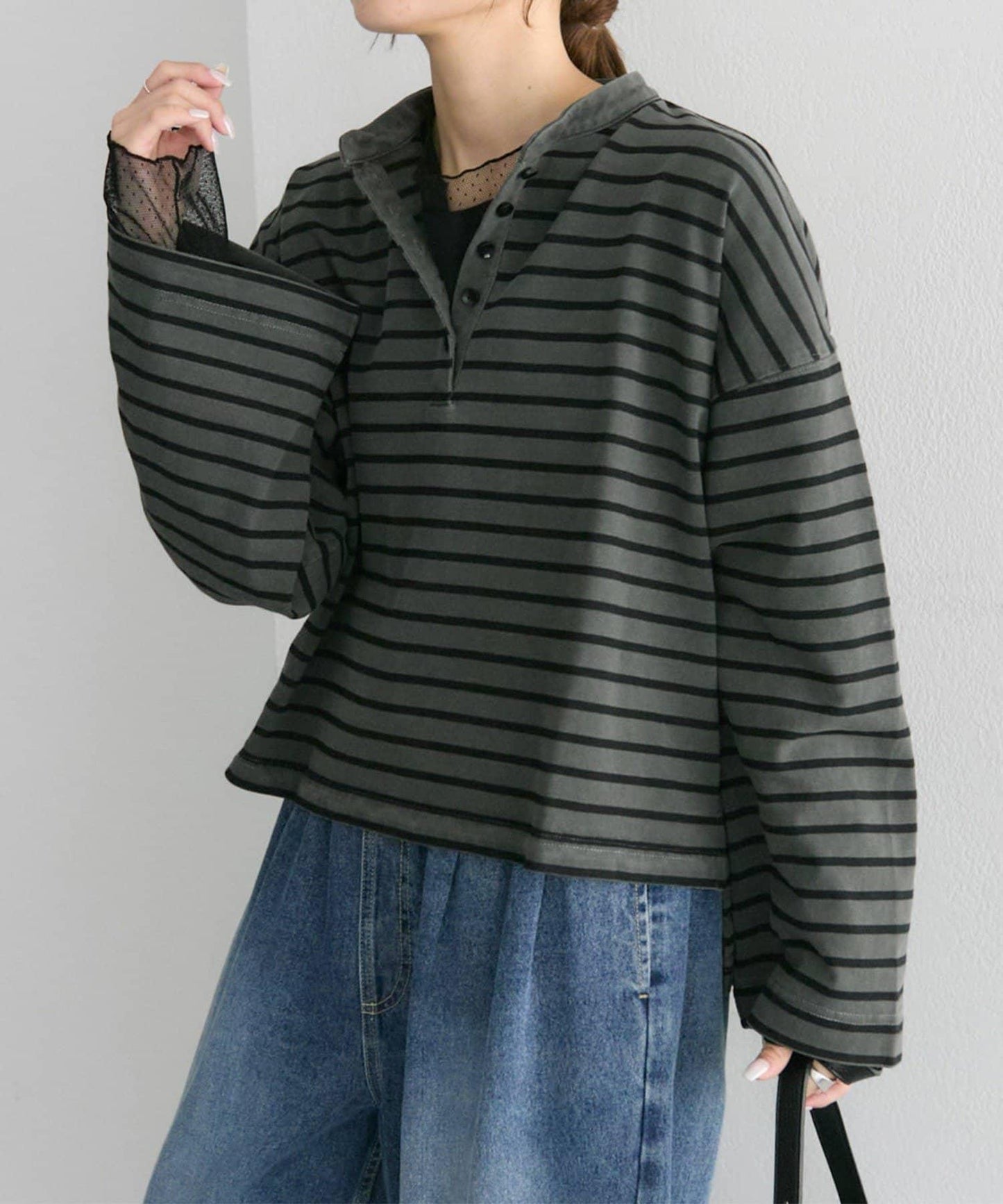 水洗條紋亨利領長袖T恤