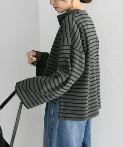 水洗條紋亨利領長袖T恤