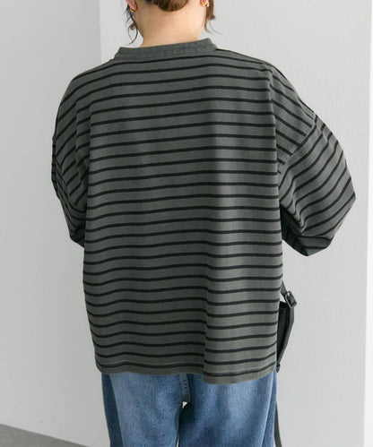 水洗條紋亨利領長袖T恤