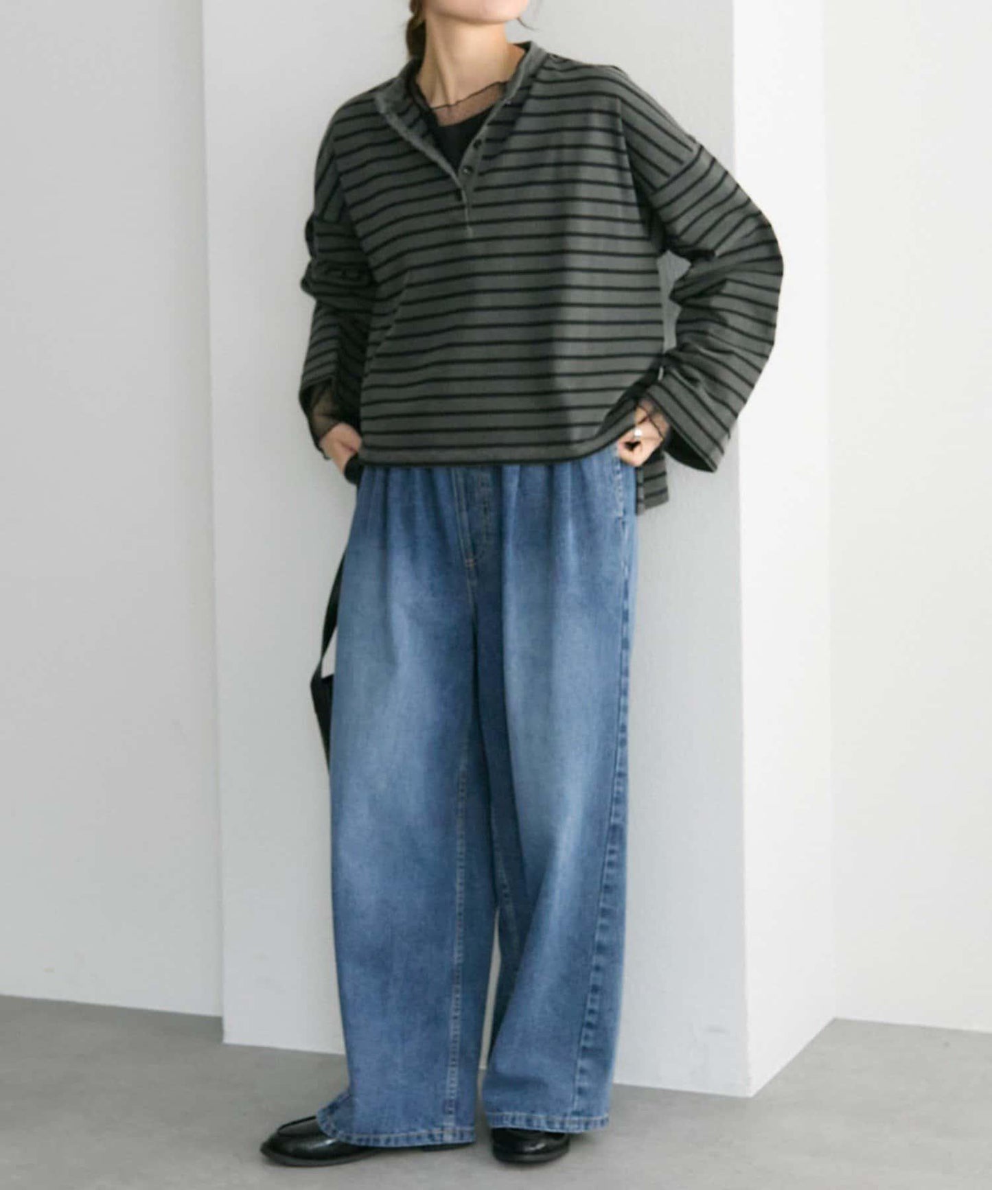 水洗條紋亨利領長袖T恤