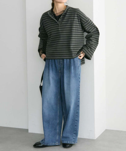 水洗條紋亨利領長袖T恤