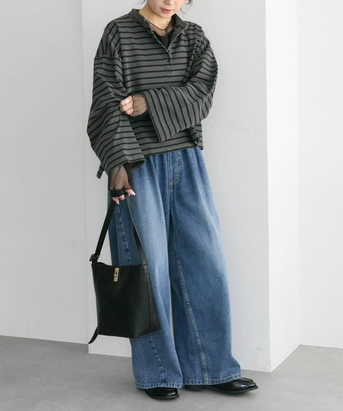 水洗條紋亨利領長袖T恤