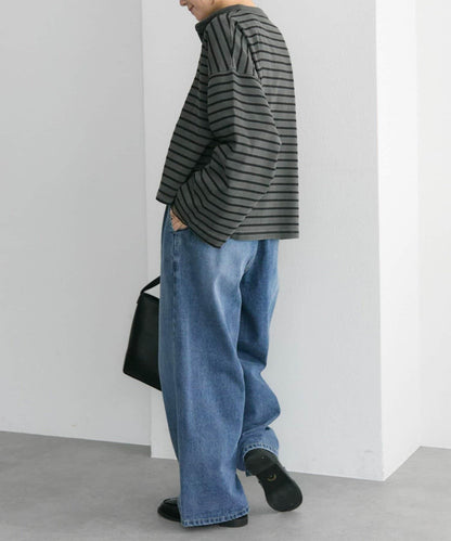 水洗條紋亨利領長袖T恤