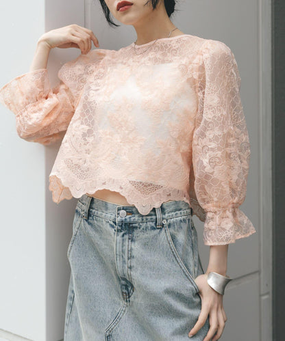 歐根紗刺繡短款襯衫