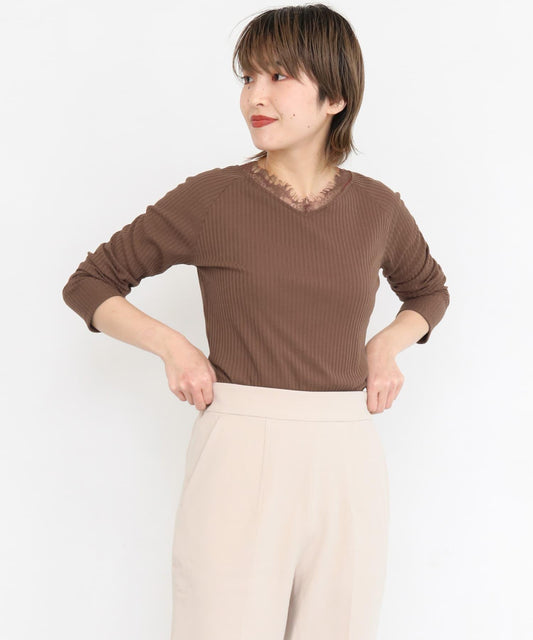 帶蕾絲內加絨羅紋上衣