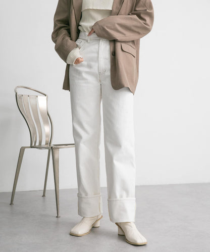 翻邊直筒牛仔褲