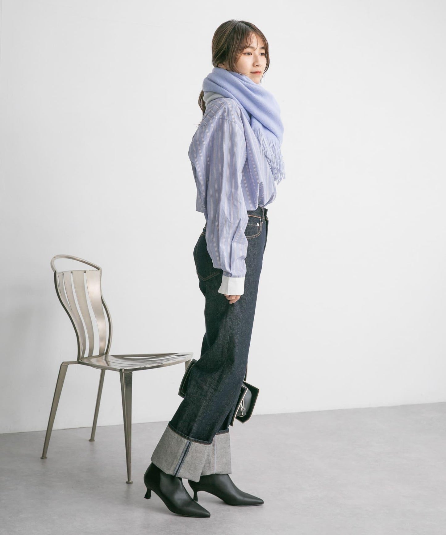 翻邊直筒牛仔褲