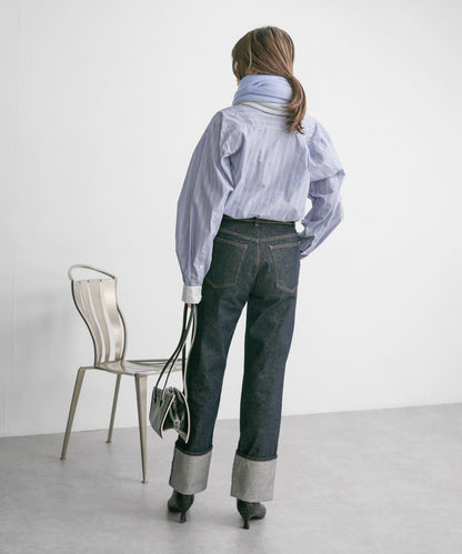 翻邊直筒牛仔褲