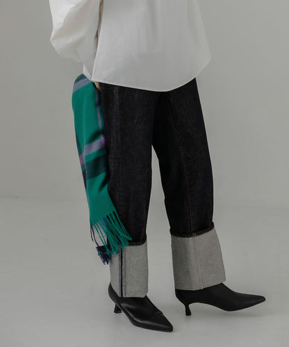 翻邊直筒牛仔褲