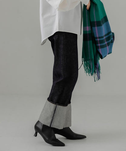 翻邊直筒牛仔褲