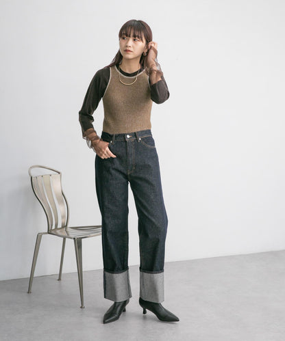 翻邊直筒牛仔褲