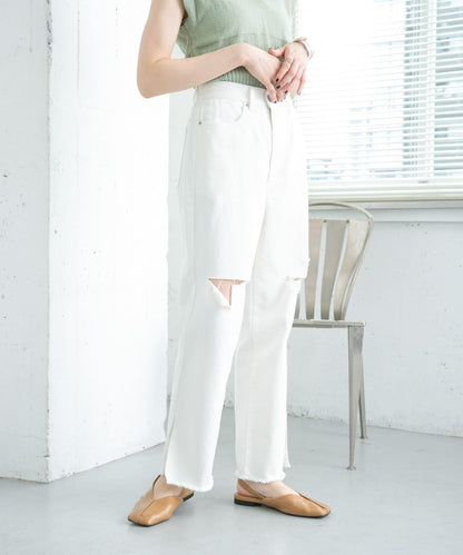 改良破洞開叉牛仔褲