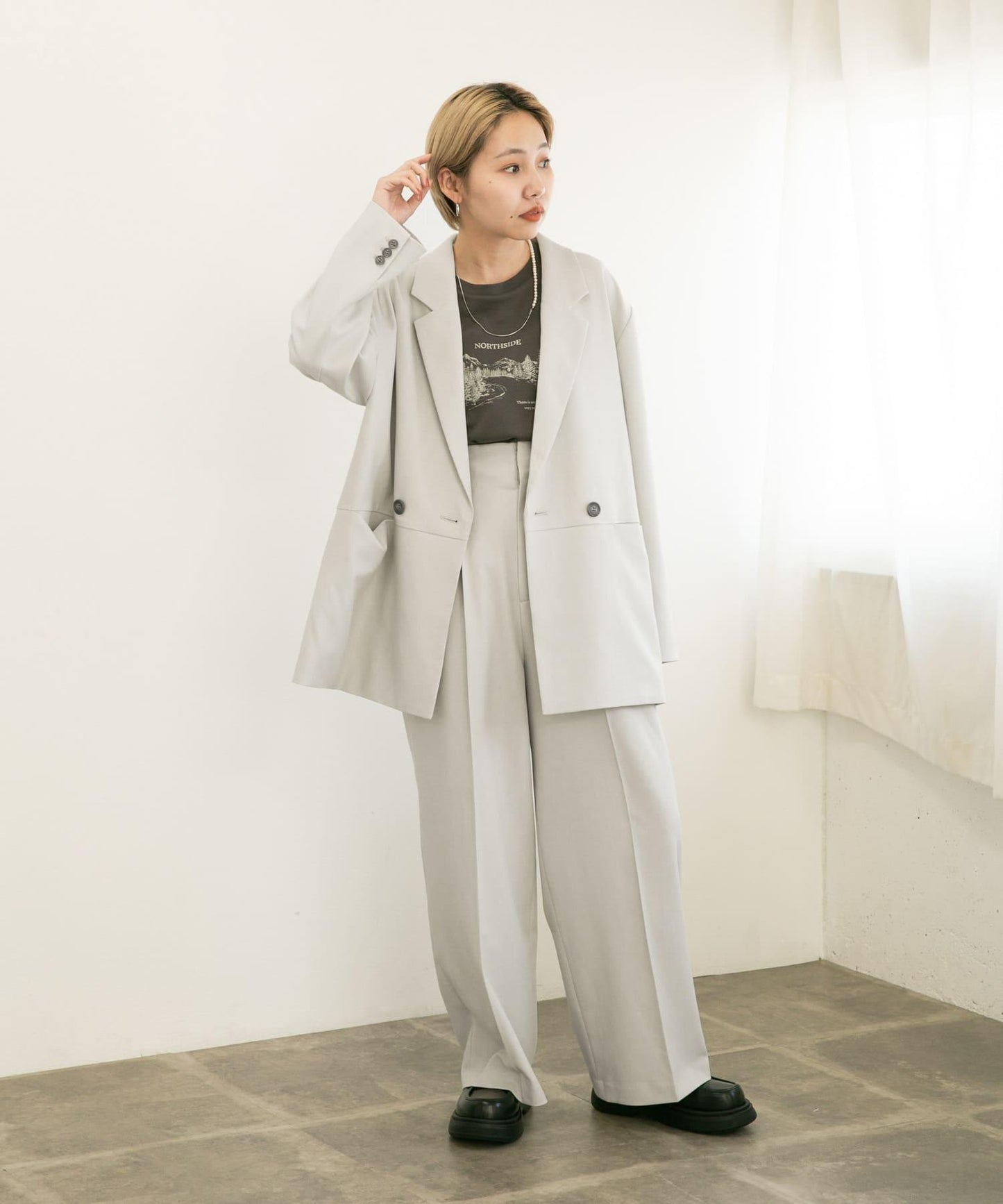 中線高腰寬腿褲