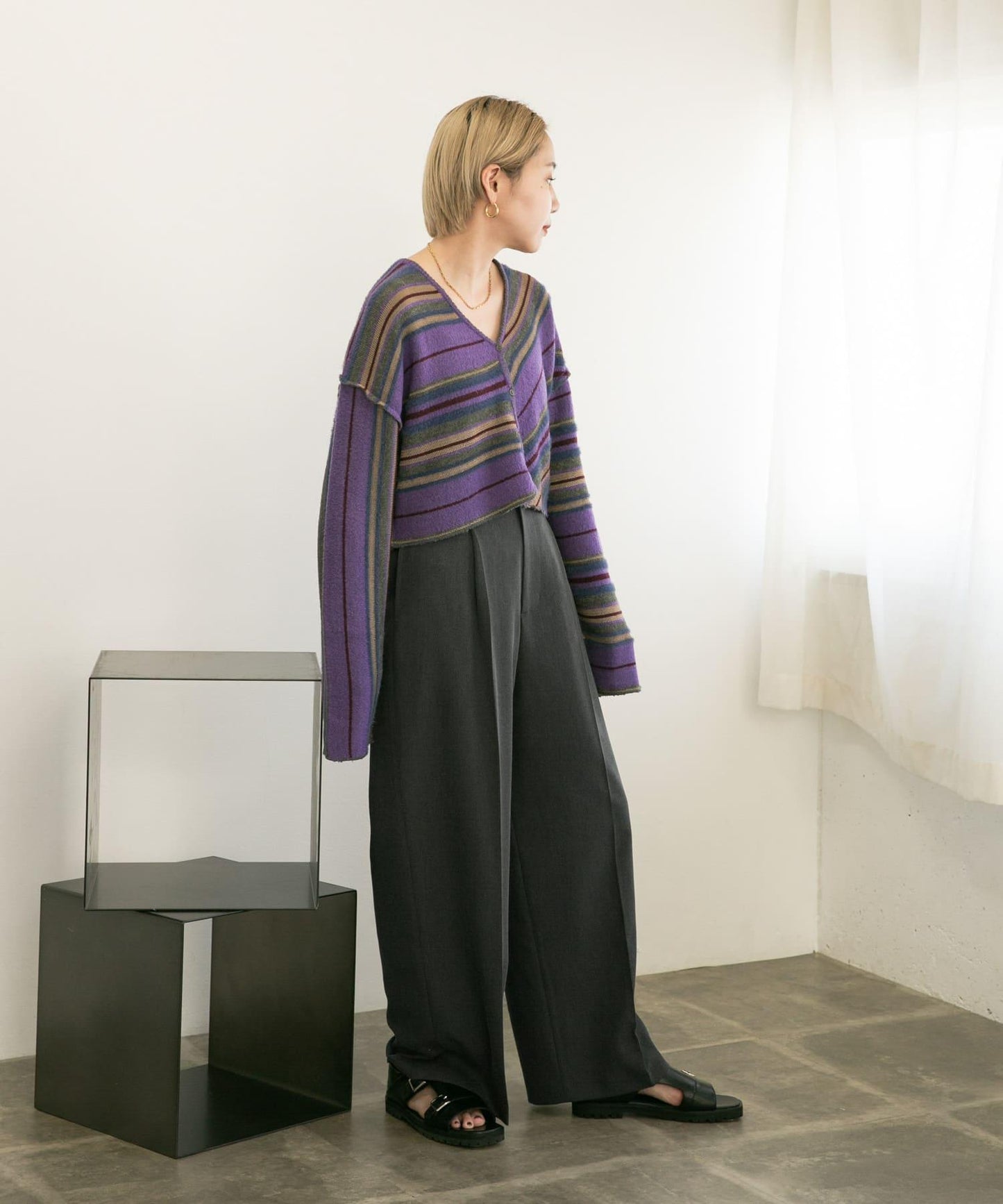 中線高腰寬腿褲