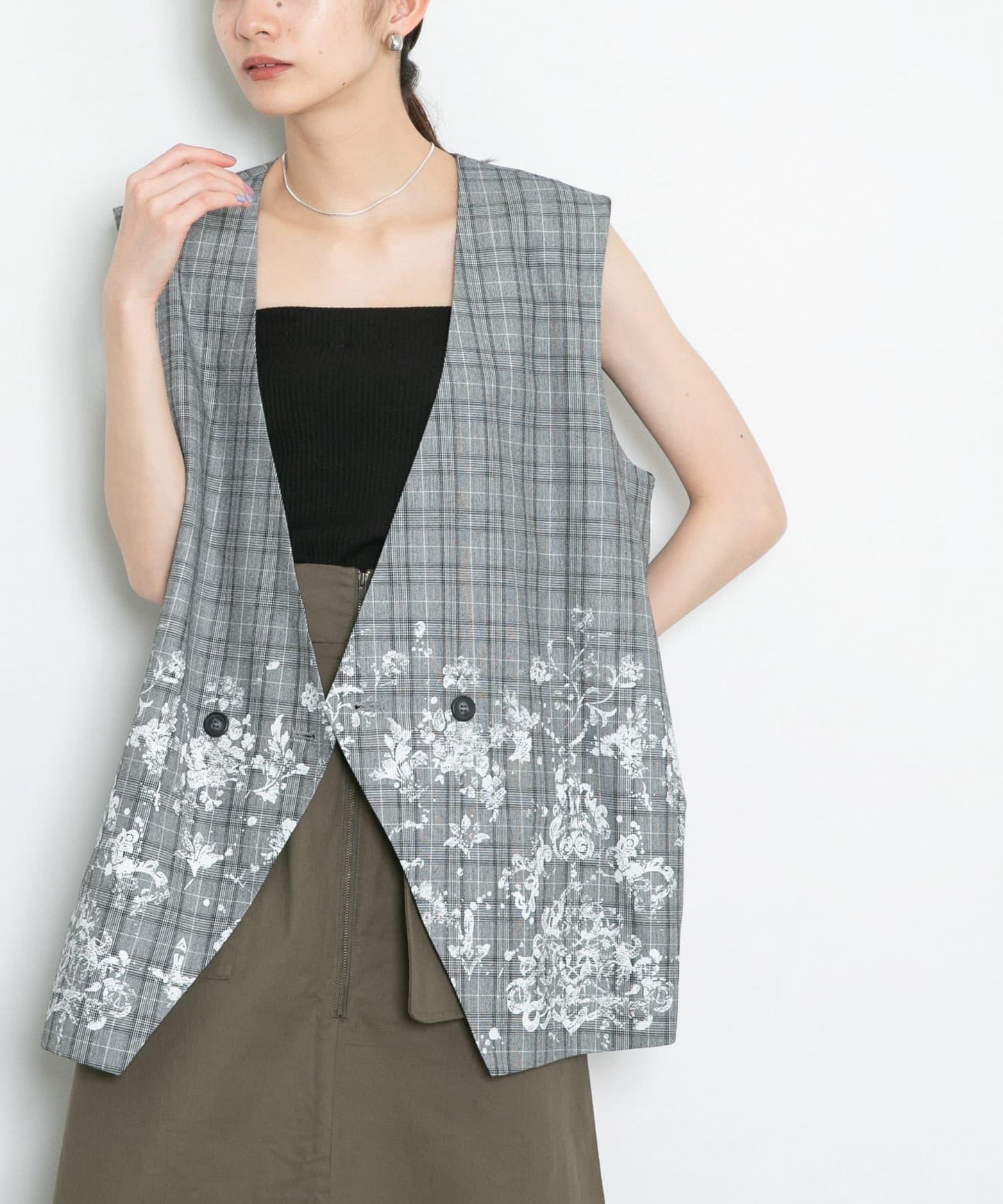 蕾絲印花格紋背心