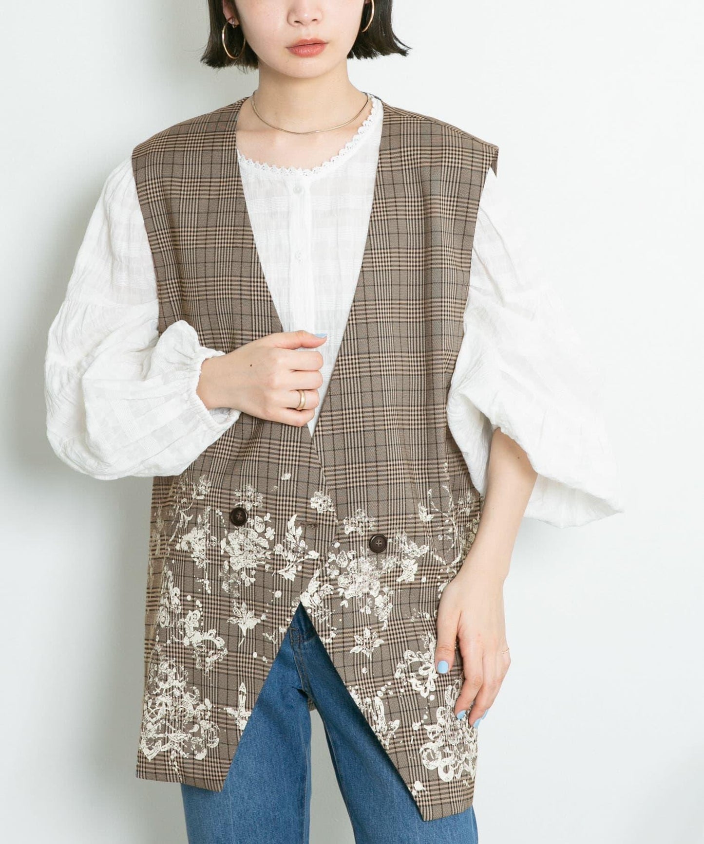 蕾絲印花格紋背心