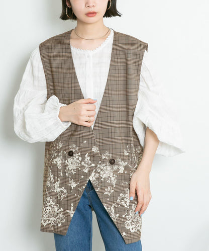 蕾絲印花格紋背心